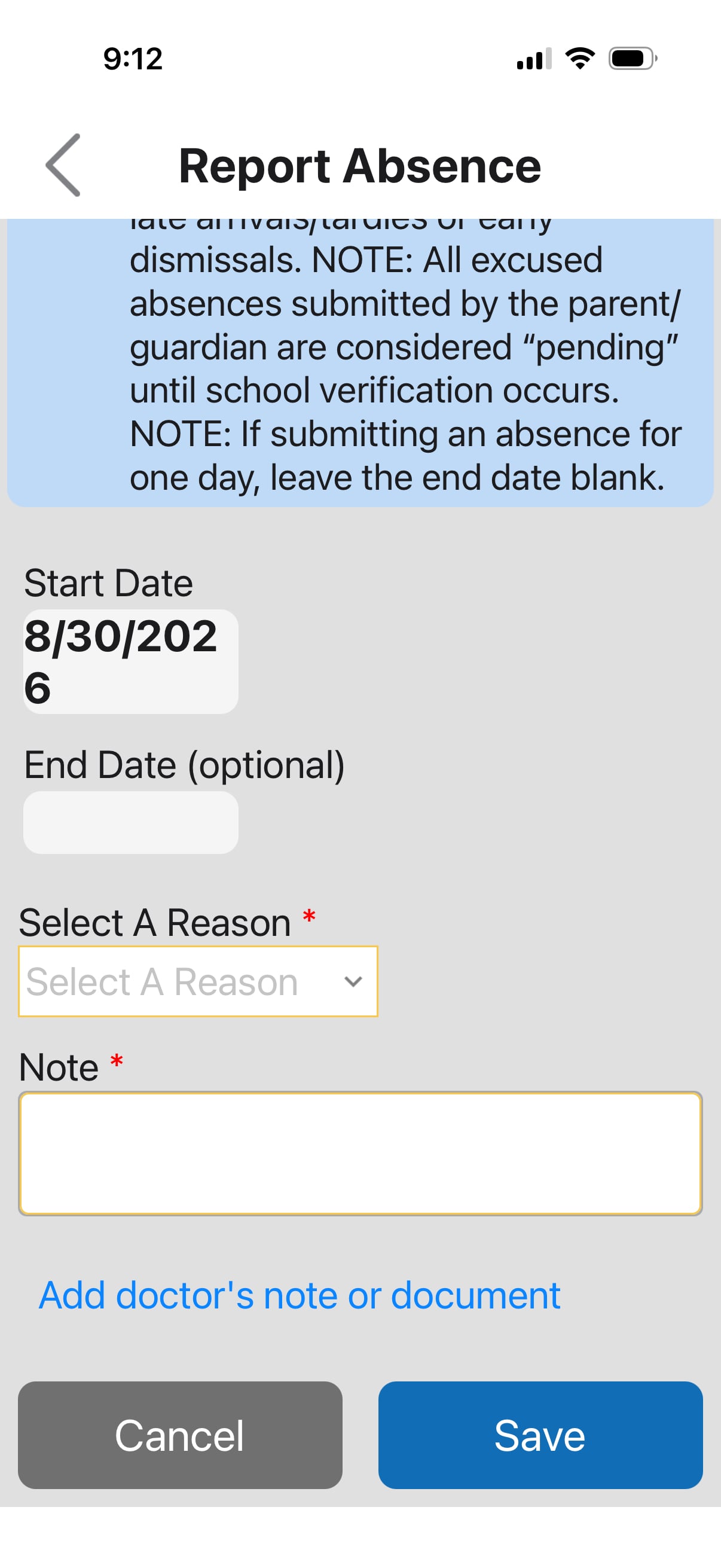 This image is a screenshot from the mobile version of ParentVue. It shows what the screen should look like if submitting an absence through ParentVue.